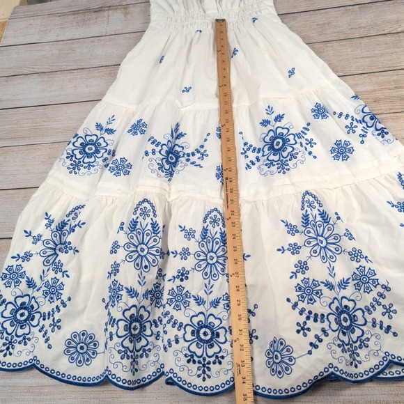 Joie White Blue Floral Embroidered Smocked Waist Maxi Dress Womens Small Boho - Picture 7 of 11